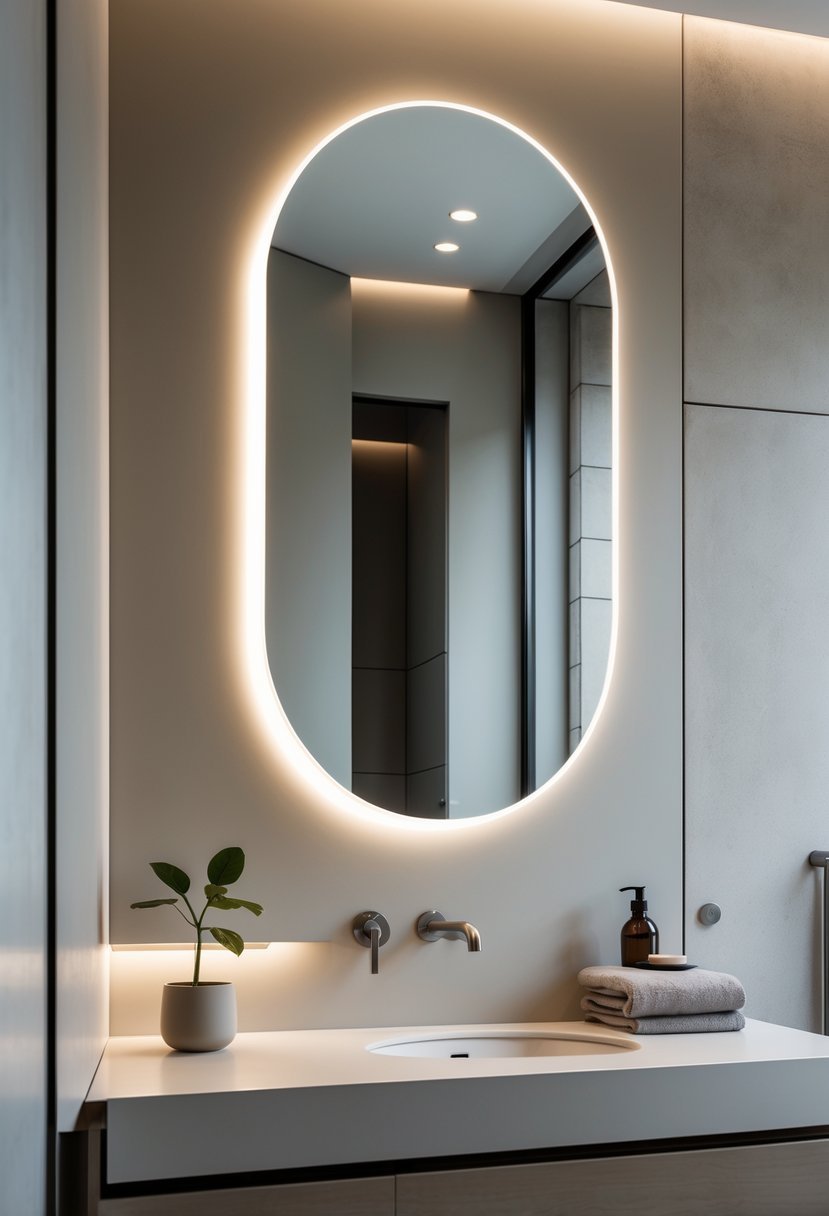 A modern bathroom with an oval mirror above a vanity and simple decorative elements.