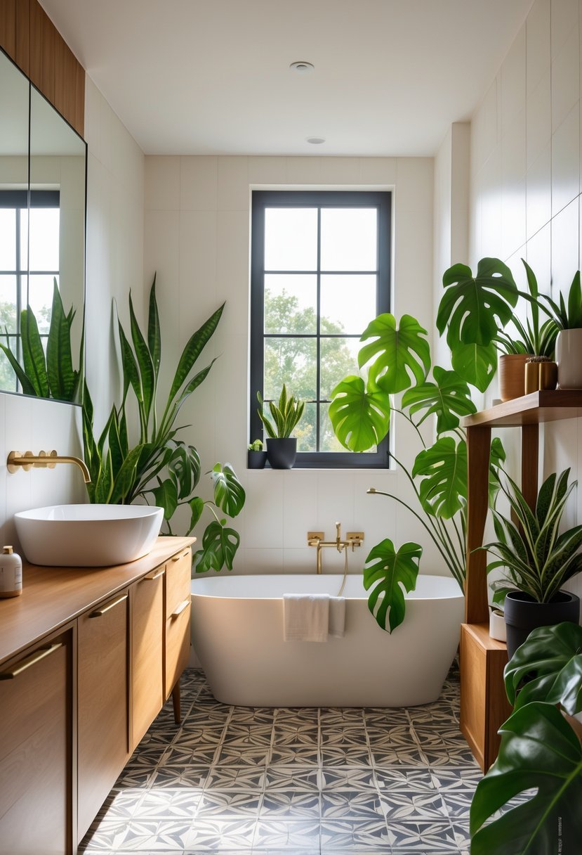 A bright bathroom with wooden cabinets, a white sink, patterned floor tiles, and several green houseplants placed around the room.