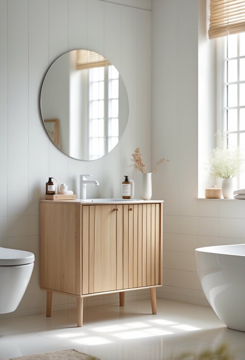 A freestanding wood storage cabinet in a bright bathroom with a sink, mirror, and toiletries.