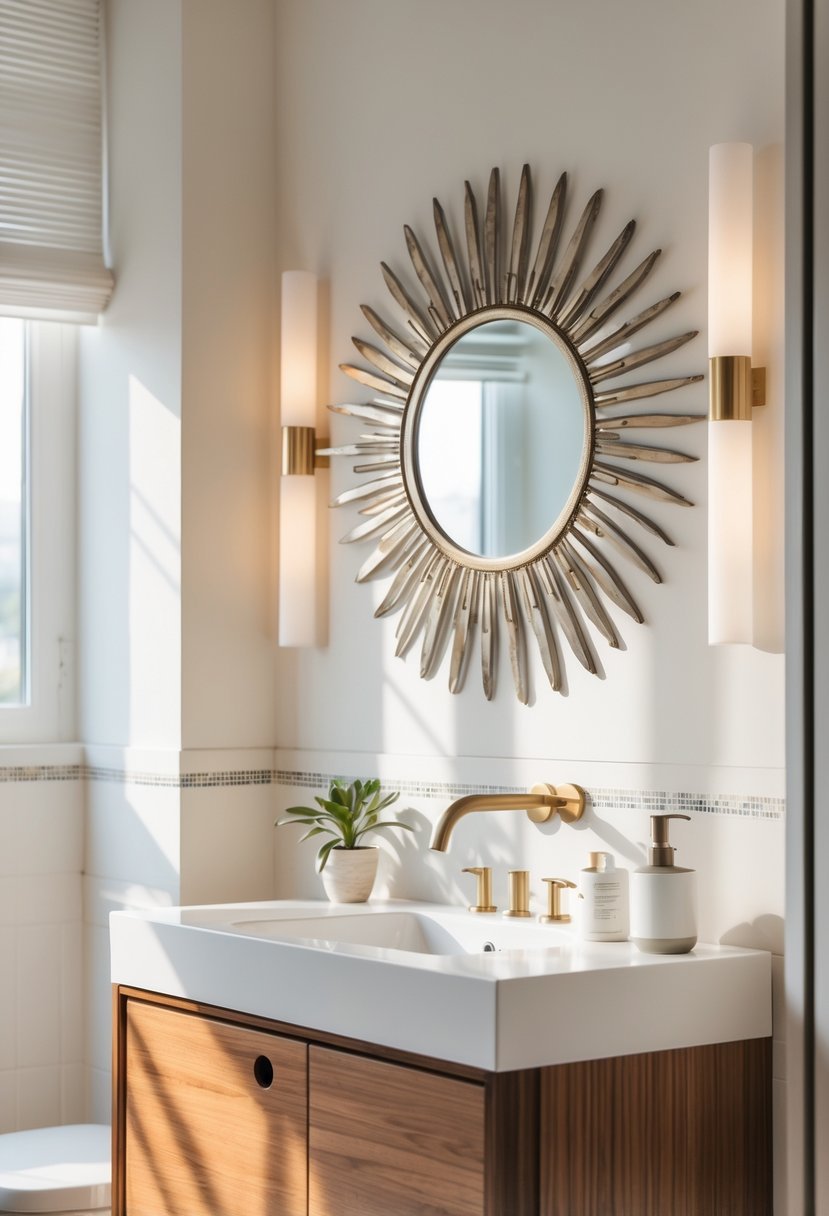 A bathroom with a sunburst mirror above a vanity, illuminated by natural light, with a small plant and toiletries on the countertop.