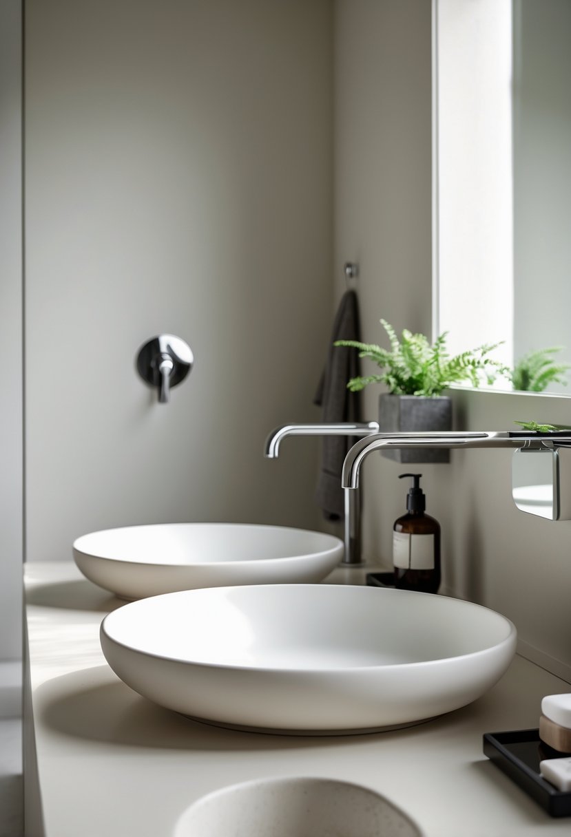 A modern bathroom with white rounded sinks and light-colored curved countertops, softly lit and neatly arranged.