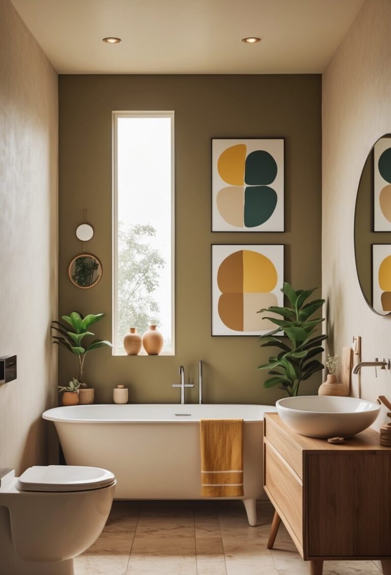 A bathroom with a freestanding bathtub, wooden vanity, round mirror, and abstract art prints on the walls, illuminated by natural light.