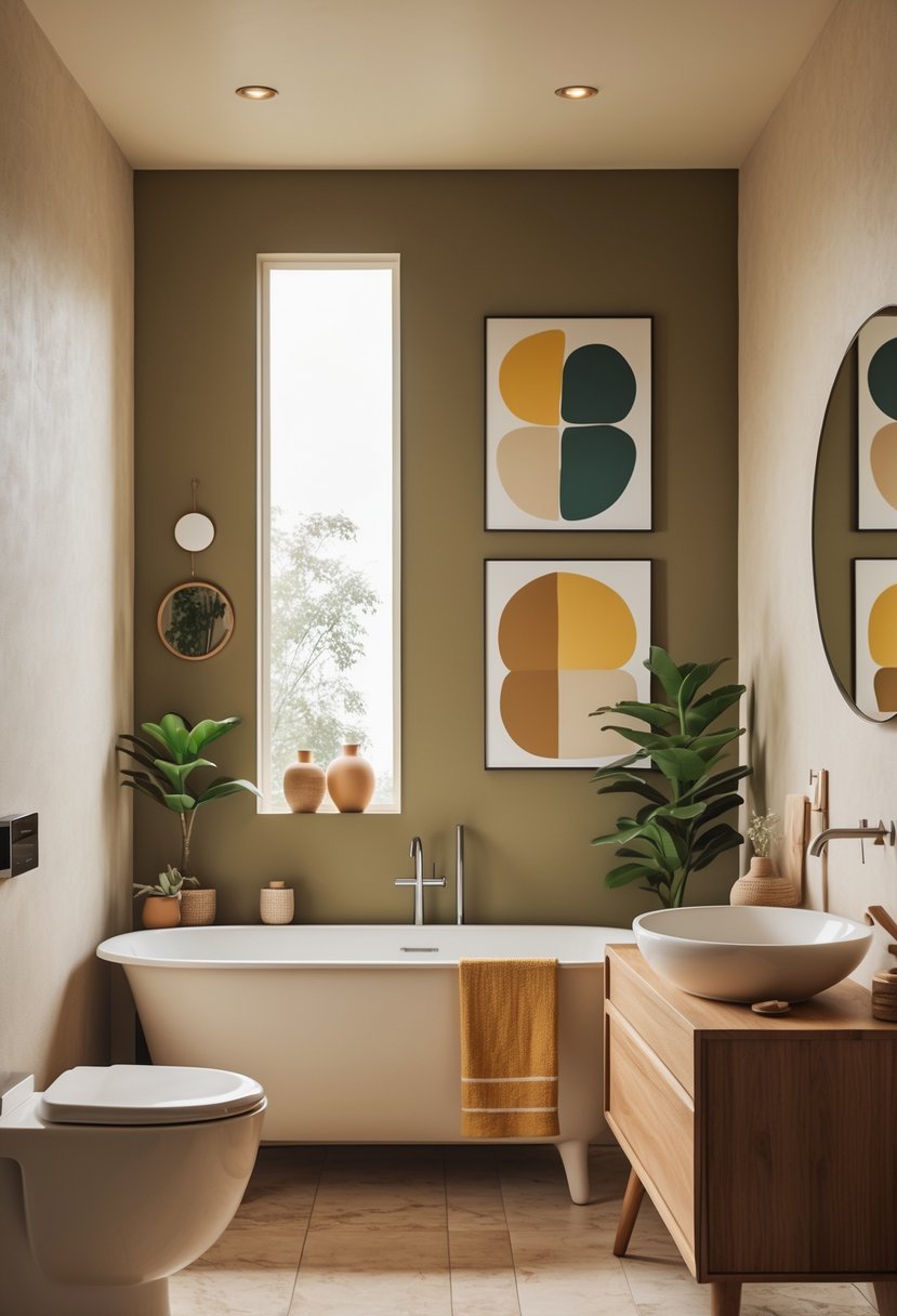 A bathroom with a freestanding bathtub, wooden vanity, round mirror, and abstract art prints on the walls, illuminated by natural light.