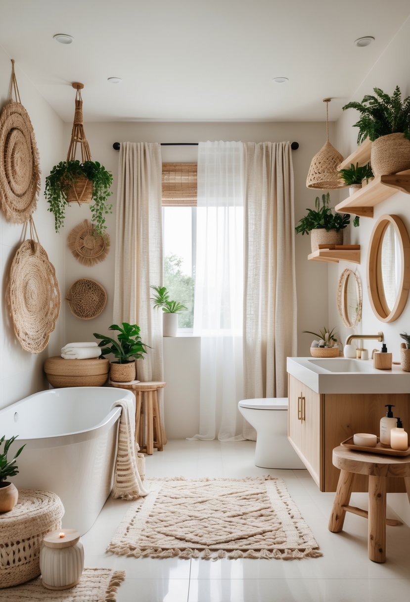 A bright bathroom featuring a freestanding tub, wooden shelves with plants, woven baskets, and various decorative items arranged neatly.