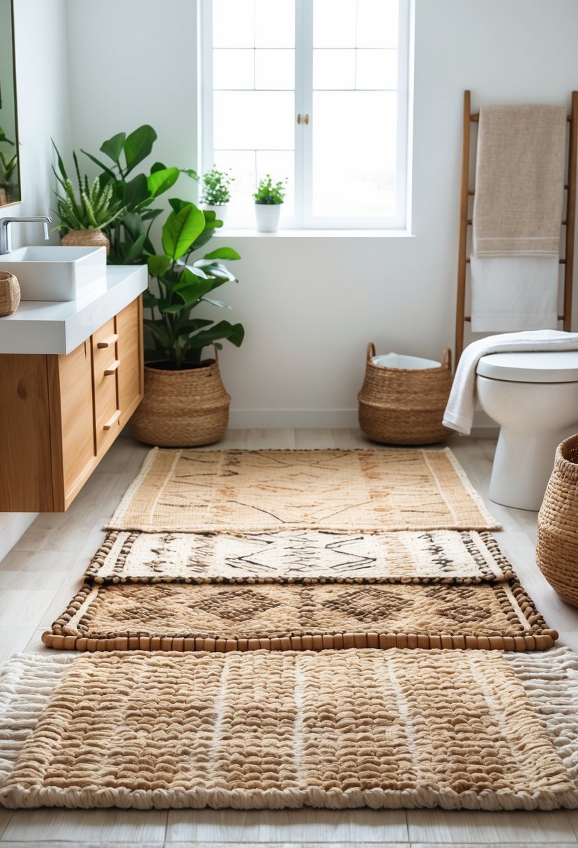 A bright bathroom with layered rugs on the floor, a wooden vanity, green plants, and neatly arranged towels.