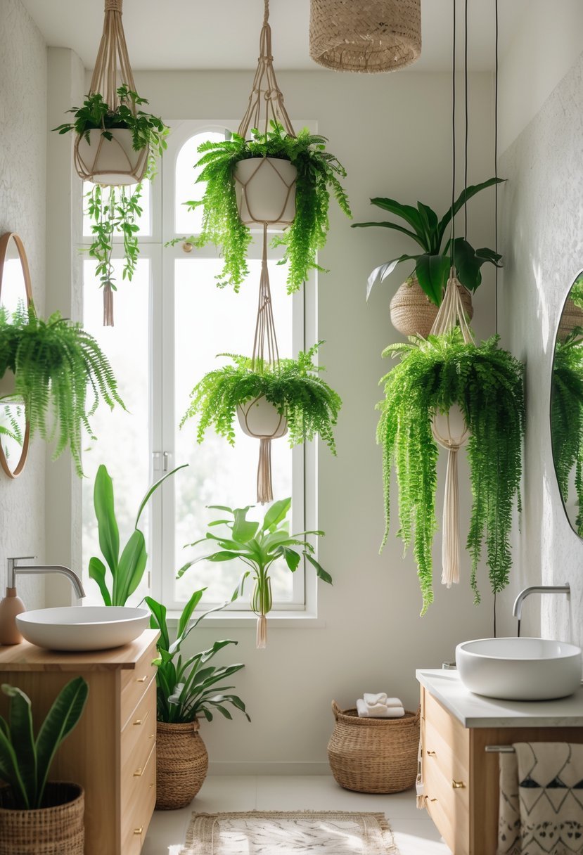 A bright bathroom with hanging green plants suspended from the ceiling and walls, featuring a wooden vanity and a round mirror.