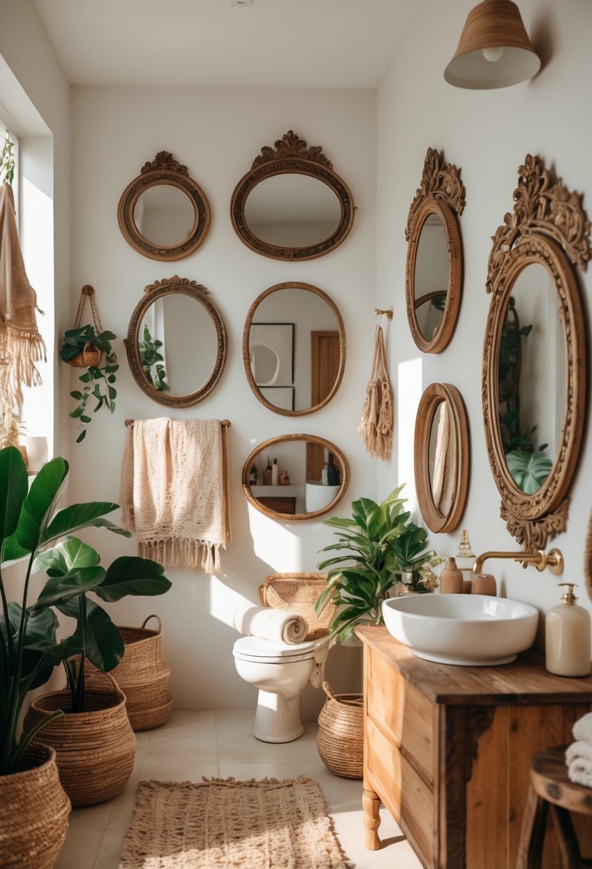 Bathroom interior with multiple vintage mirrors on the wall, wooden vanity, plants, and decorative items.
