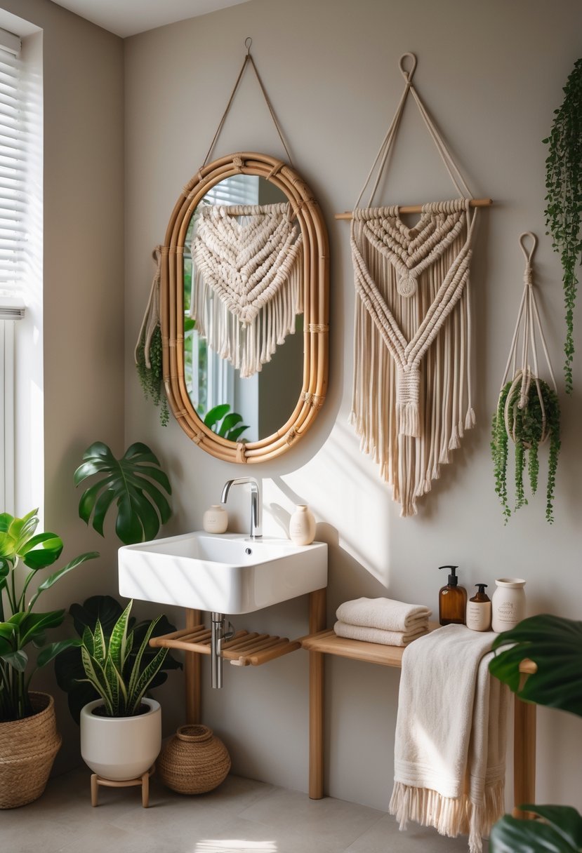A bathroom with macrame wall hangings, a mirror above a sink, potted plants, and neatly arranged towels.