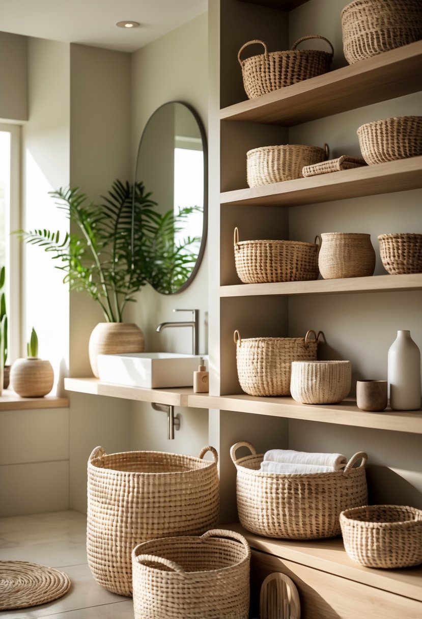 A bathroom with woven baskets arranged on shelves and countertops alongside plants and ceramic accessories.