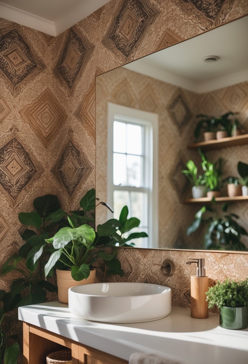A bathroom with patterned earthy-toned wallpaper, wooden furniture, plants, and a sink with a mirror.