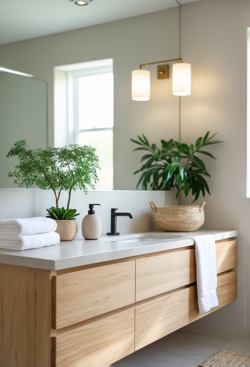 Bathroom with a natural wood vanity, a mirror, and simple decor including a potted plant and towels.