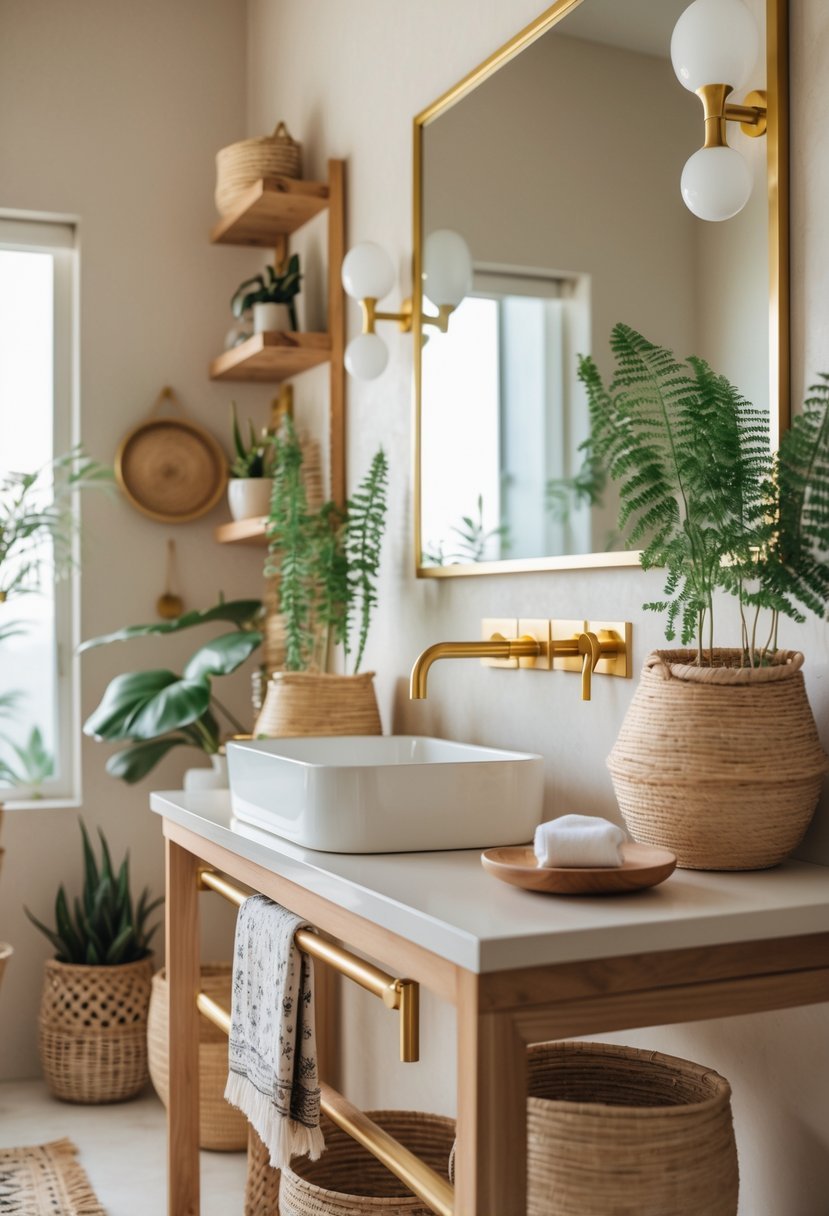 A bathroom with gold fixtures, wooden shelves, plants, and a sink with a gold faucet.