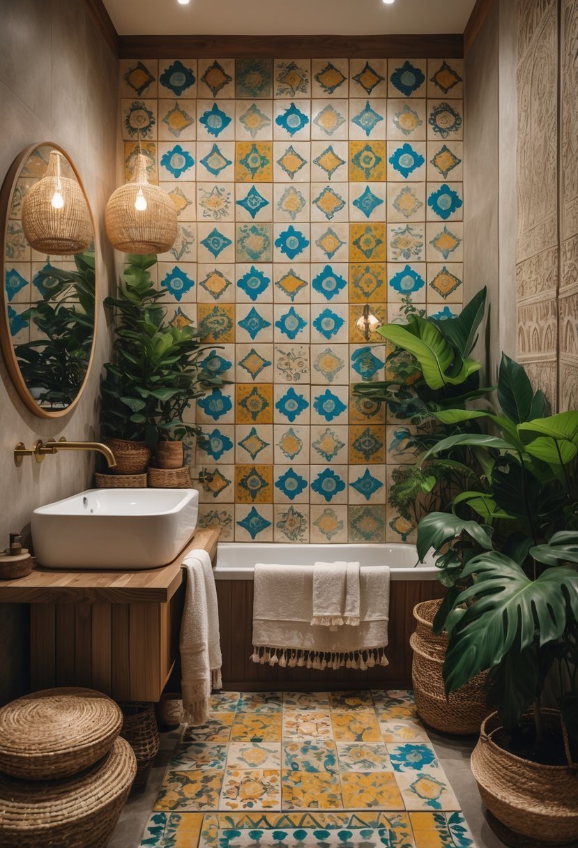 A bathroom with colorful patterned tiles on the walls and floor, a white sink with brass fixtures, plants, and natural decor elements.