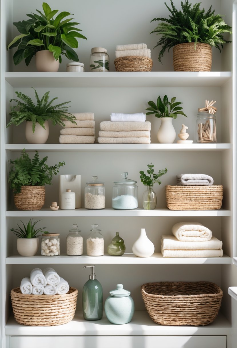 Open shelving in a bathroom with plants, towels, baskets, and decorative items arranged neatly.