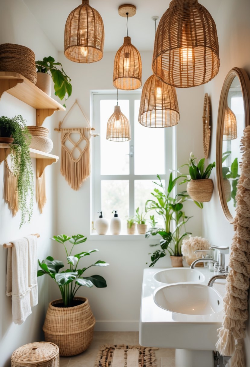 A bright bathroom with hanging rattan light fixtures, a white sink, wooden shelves with plants, and decorative baskets.