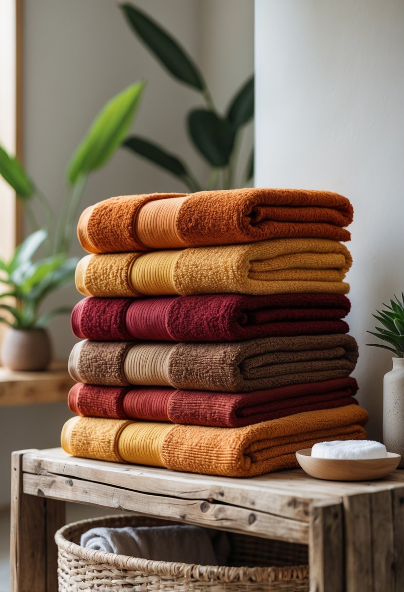 Stack of warm-colored textured towels arranged on a wooden shelf in a bright bathroom with plants.