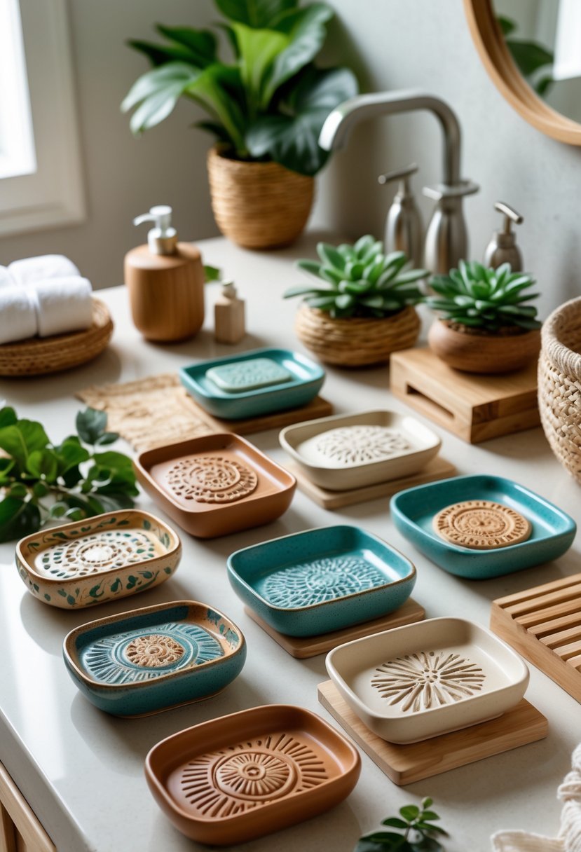 A bathroom countertop displaying several ceramic soap dishes with artistic designs, surrounded by plants and wooden accents.