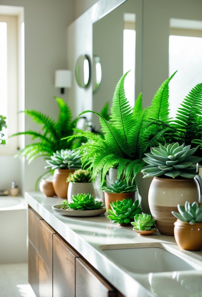 Bathroom counters decorated with lush green ferns and various succulents in pots.