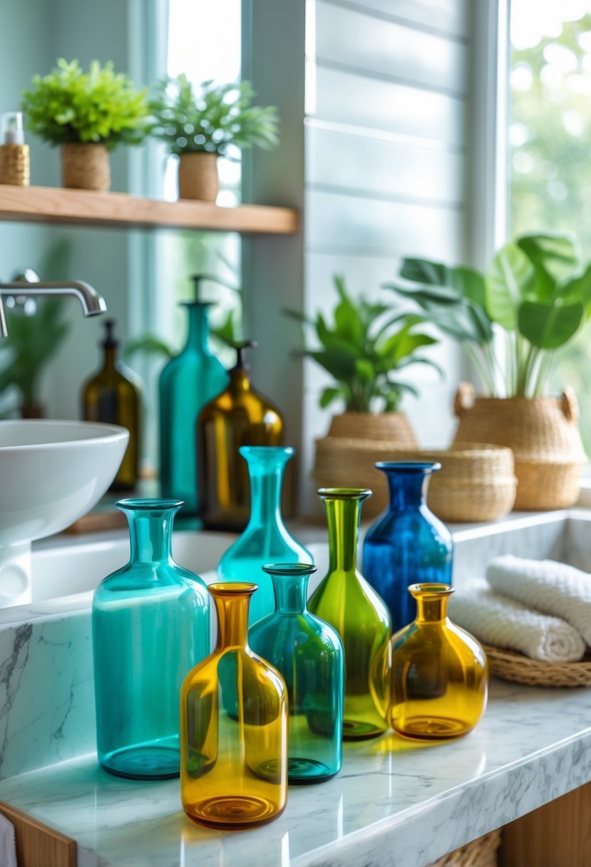 A bathroom countertop and shelves decorated with colorful glass bottles, plants, and towels.