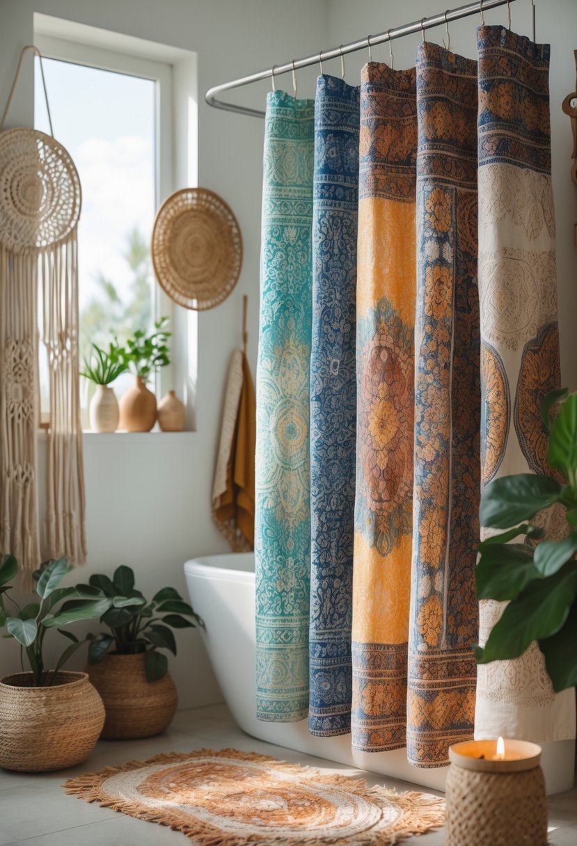 A bright bathroom with a shower area featuring patterned curtains, wooden shelves, plants, and decorative items.