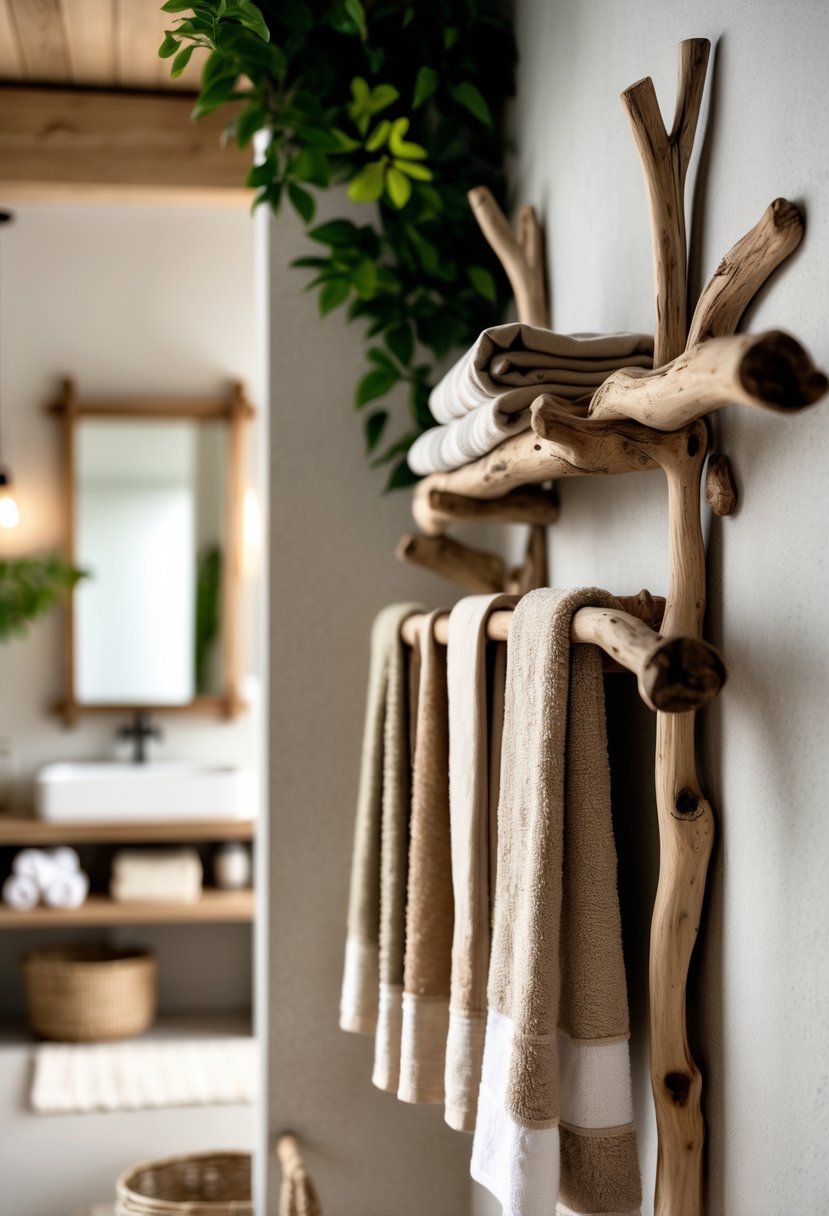 Bathroom with driftwood towel racks holding earthy colored towels, wooden accents, and plants.