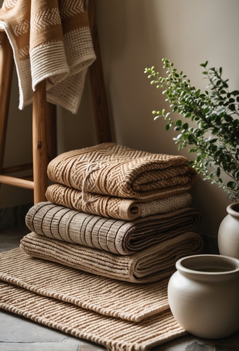 A bathroom corner with layered woven throws and mats, a wooden stool, and potted plants on a stone floor.