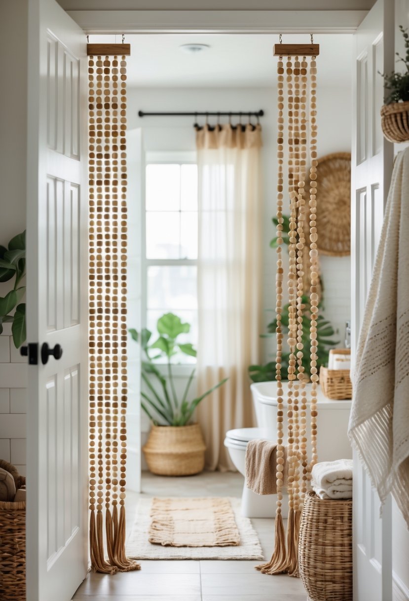 A bathroom doorway decorated with beaded curtains leading into a bright bathroom with plants and natural decor.