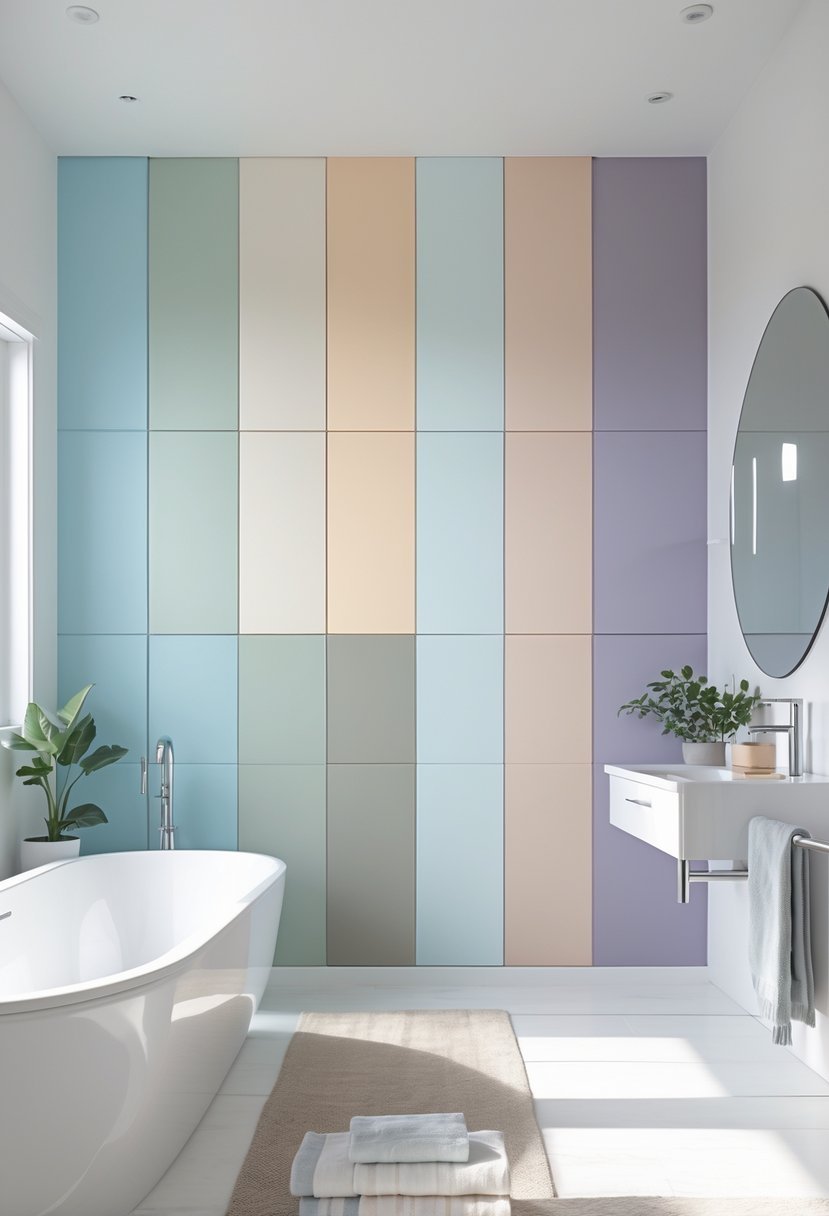 A modern bathroom interior showing ten different wall paint colors with a bathtub, vanity, mirror, and plants.