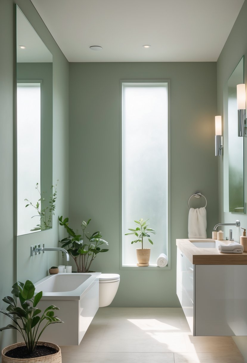 A bathroom with soft sage green walls, a white vanity, mirror, chrome fixtures, wooden accents, and potted plants.