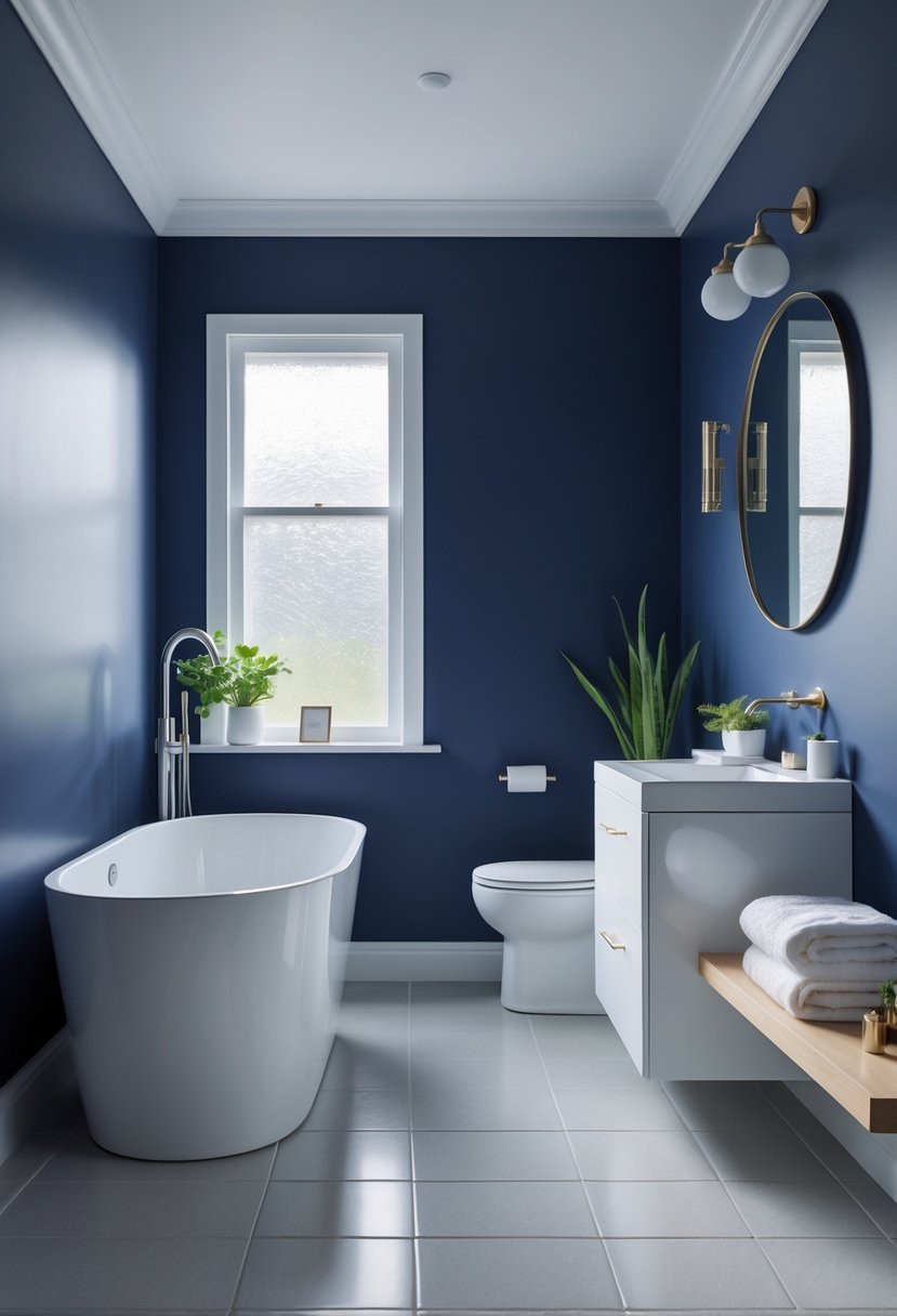 A modern bathroom with navy blue walls, a white bathtub, a vanity with a round mirror, plants, and folded towels.