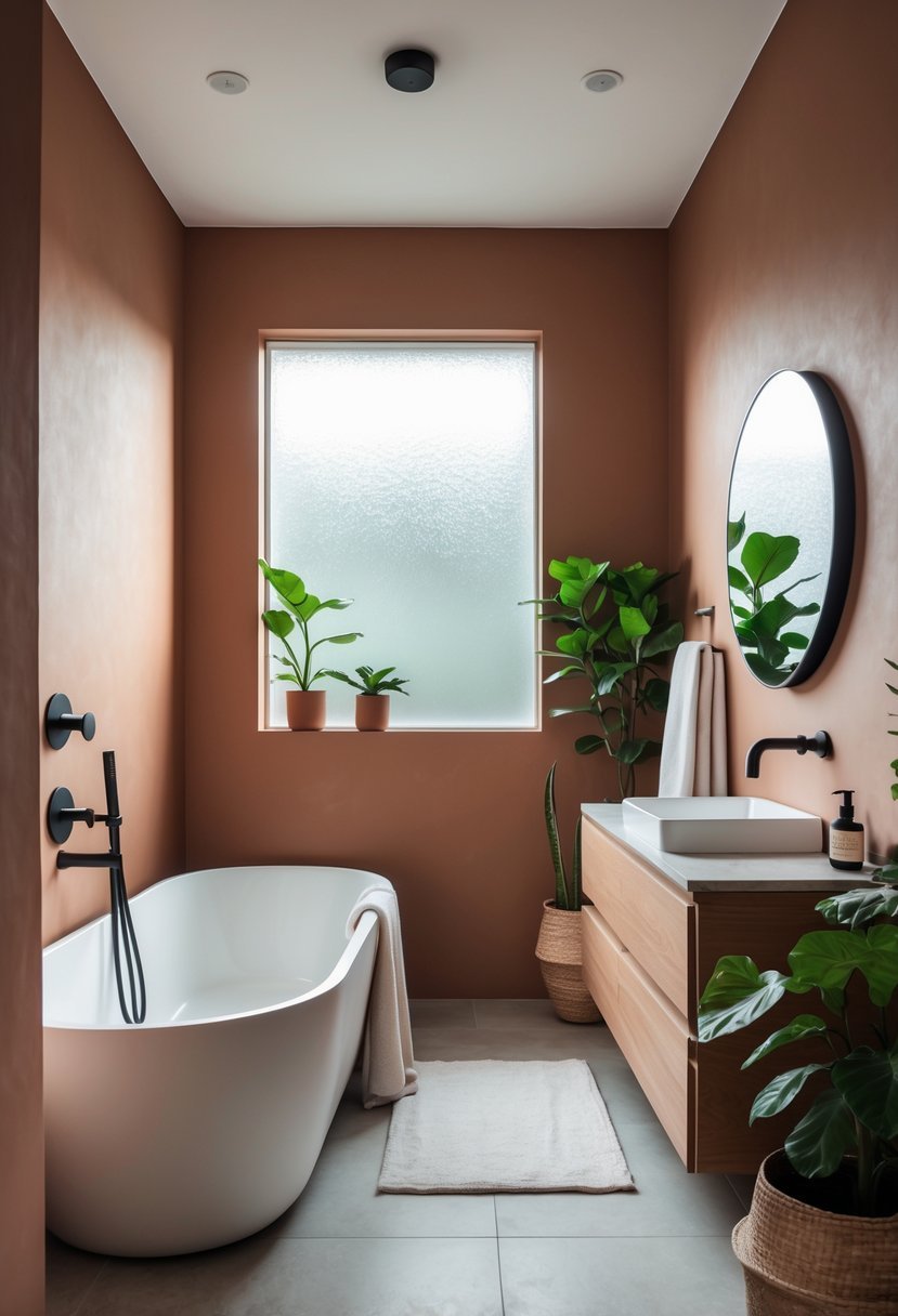 A modern bathroom with muted terracotta walls, a white bathtub, wooden vanity, and green plants.