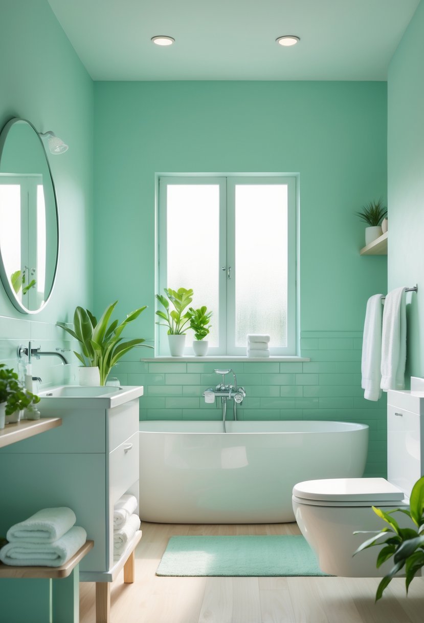 A bright bathroom with cool mint green walls, a white bathtub, a round mirror, and plants.
