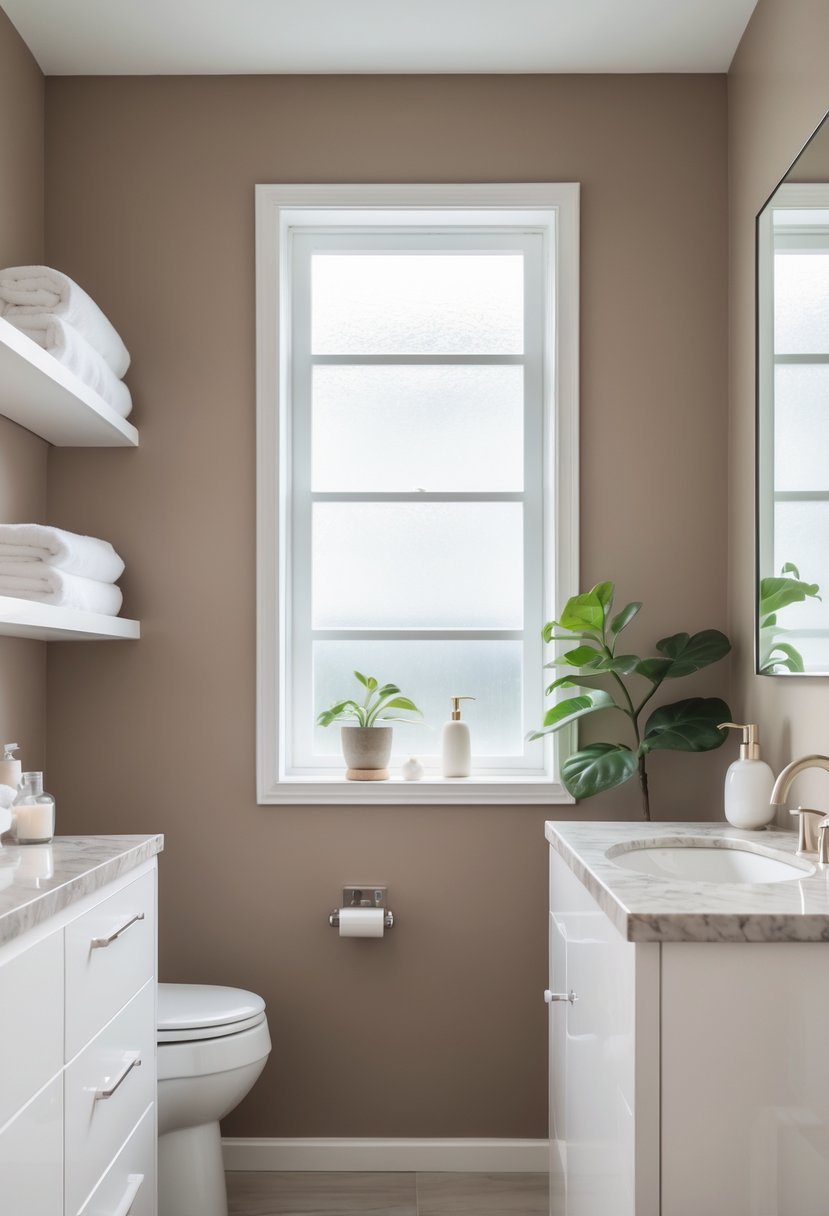 A bathroom with warm taupe walls, a white vanity with a marble countertop, a large mirror, natural light, and simple decorations including a green plant and white towels.