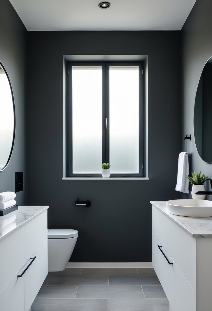 A bathroom with deep charcoal gray walls, white vanity, black fixtures, a round mirror, and natural light from a frosted window.