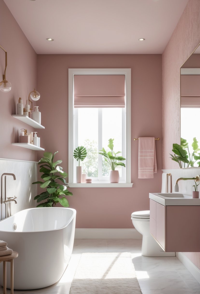 A modern bathroom with dusty rose colored walls, a white bathtub, plants, and natural light coming through a window.