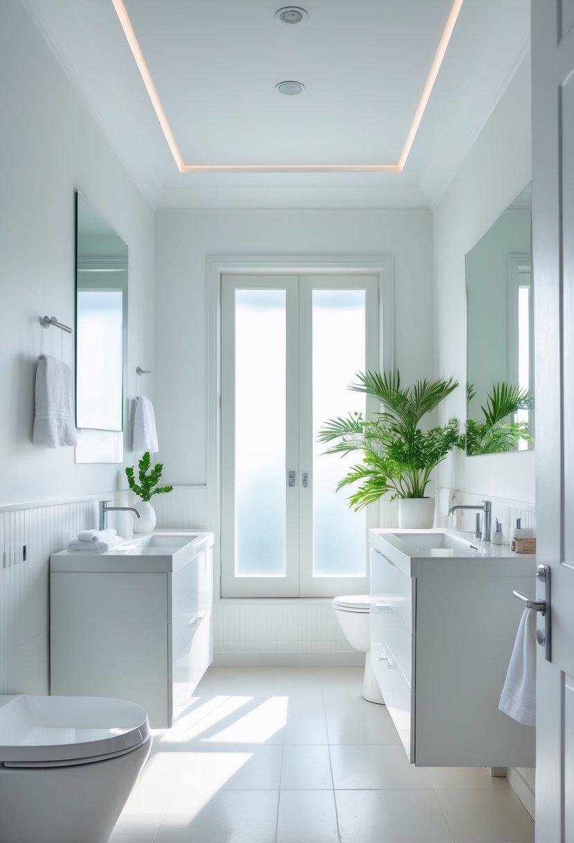 A bright bathroom with white walls, a white vanity, a large mirror, chrome fixtures, green plants, and natural light coming through a window.