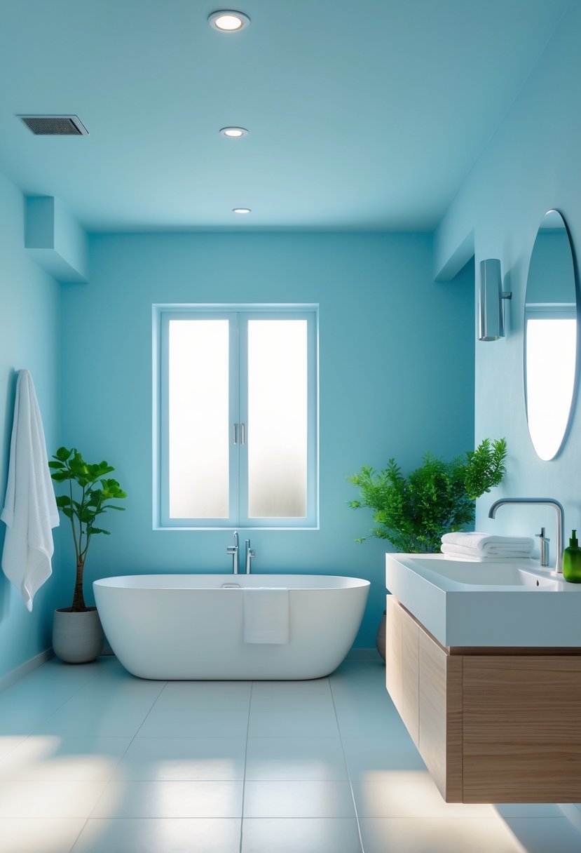 A bright bathroom with sky blue walls, a white bathtub, wooden vanity, and green plants.