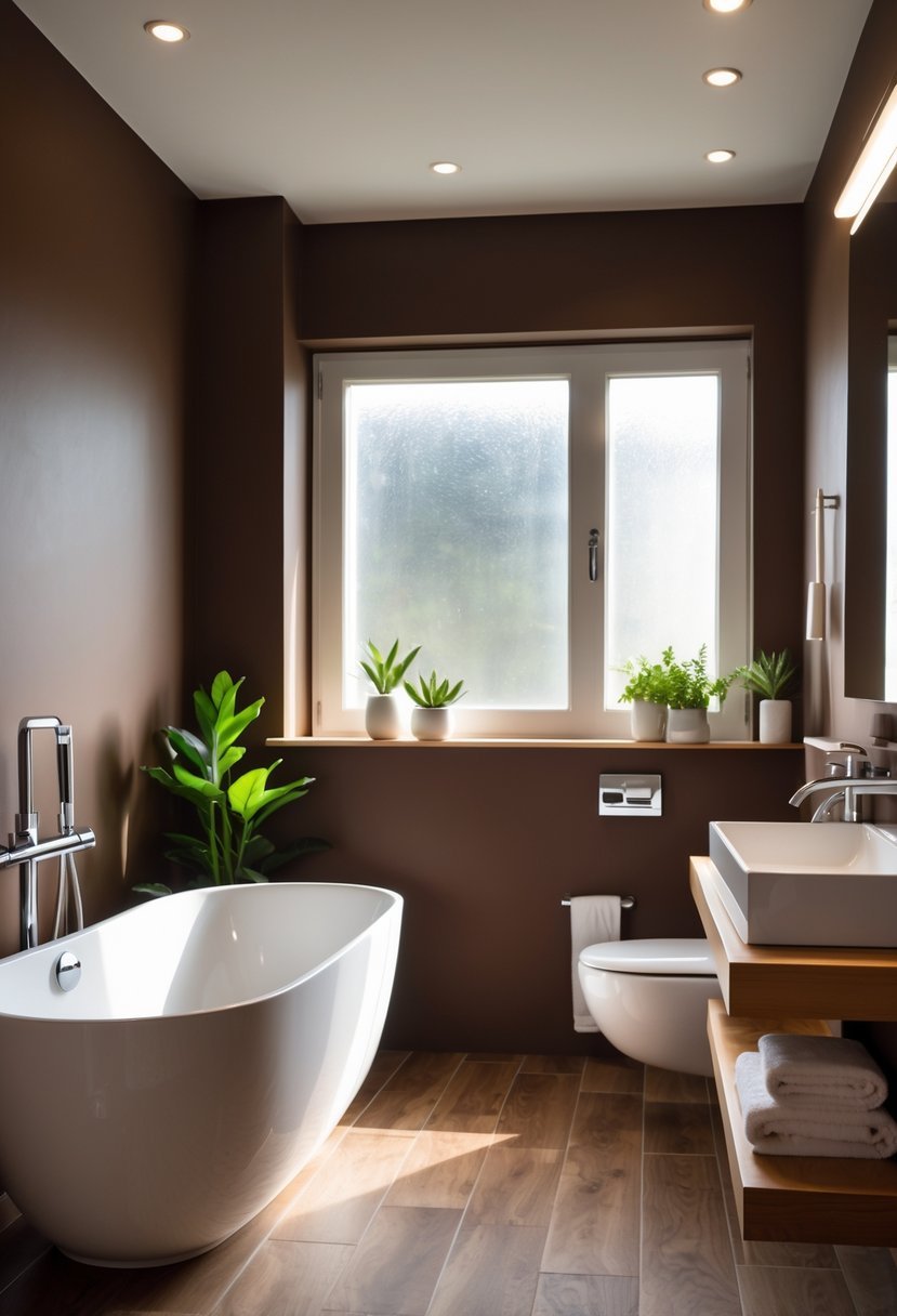 Modern bathroom with rich chocolate brown walls, white bathtub, chrome fixtures, wooden accents, and green plants.