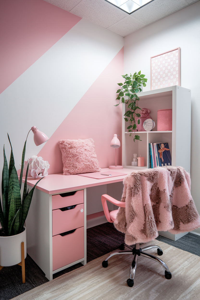 A stylish pink-themed workspace featuring a pink desk, fluffy faux fur textures, a white bookshelf with decorative items, and a cozy office chair with a soft throw blanket.