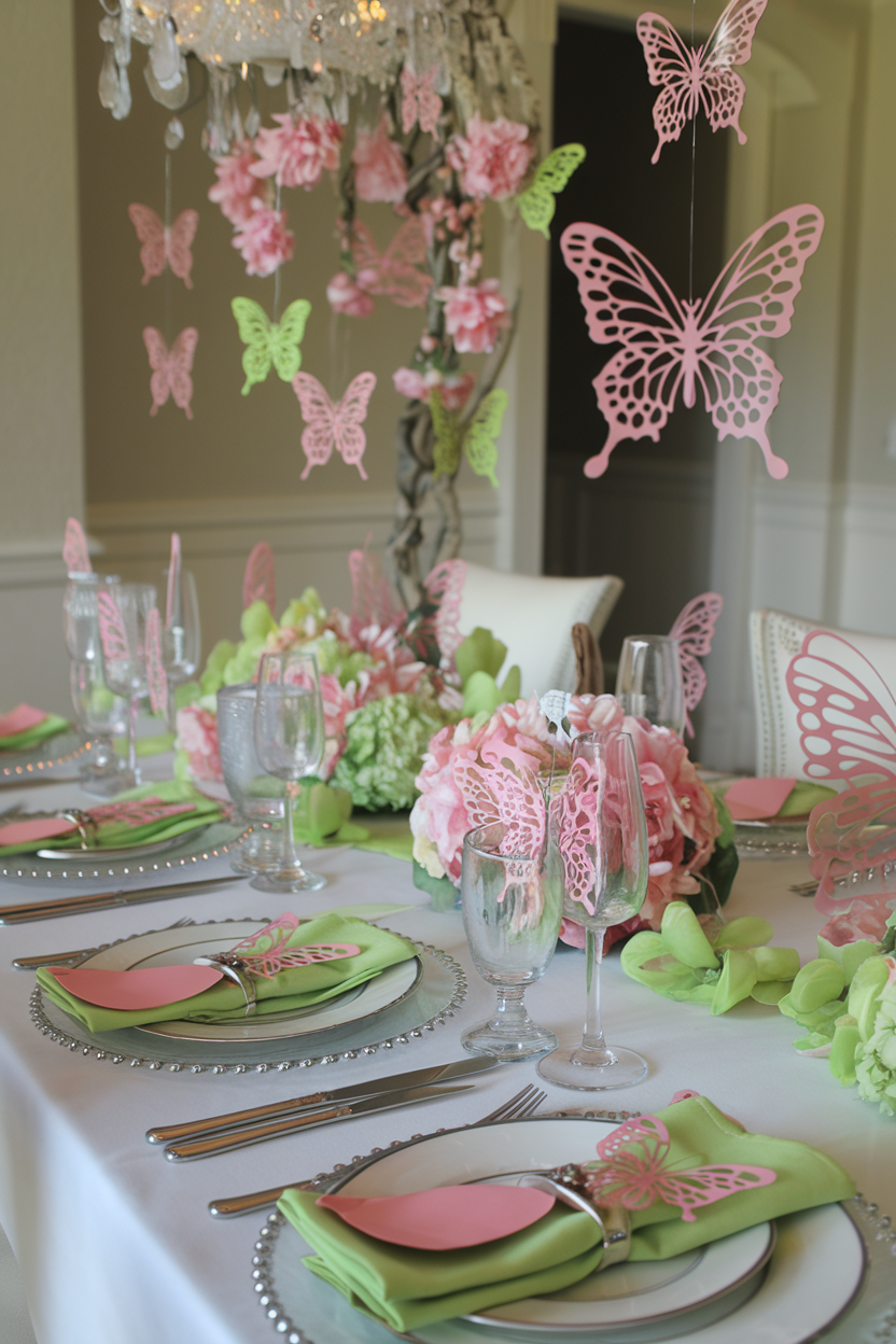 A beautifully decorated dining table featuring pastel pink and green butterfly accents, delicate floral arrangements, and intricate hanging butterfly decorations, creating a whimsical and elegant ambiance.