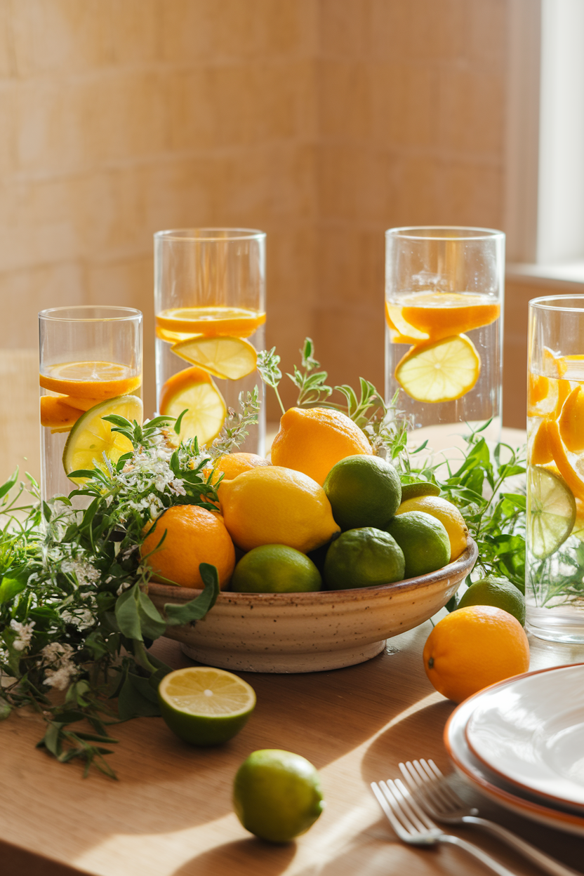 A refreshing table setting featuring a rustic ceramic bowl filled with lemons, limes, and oranges, surrounded by fresh greenery, with tall glasses of citrus-infused water adding a bright, summery touch.