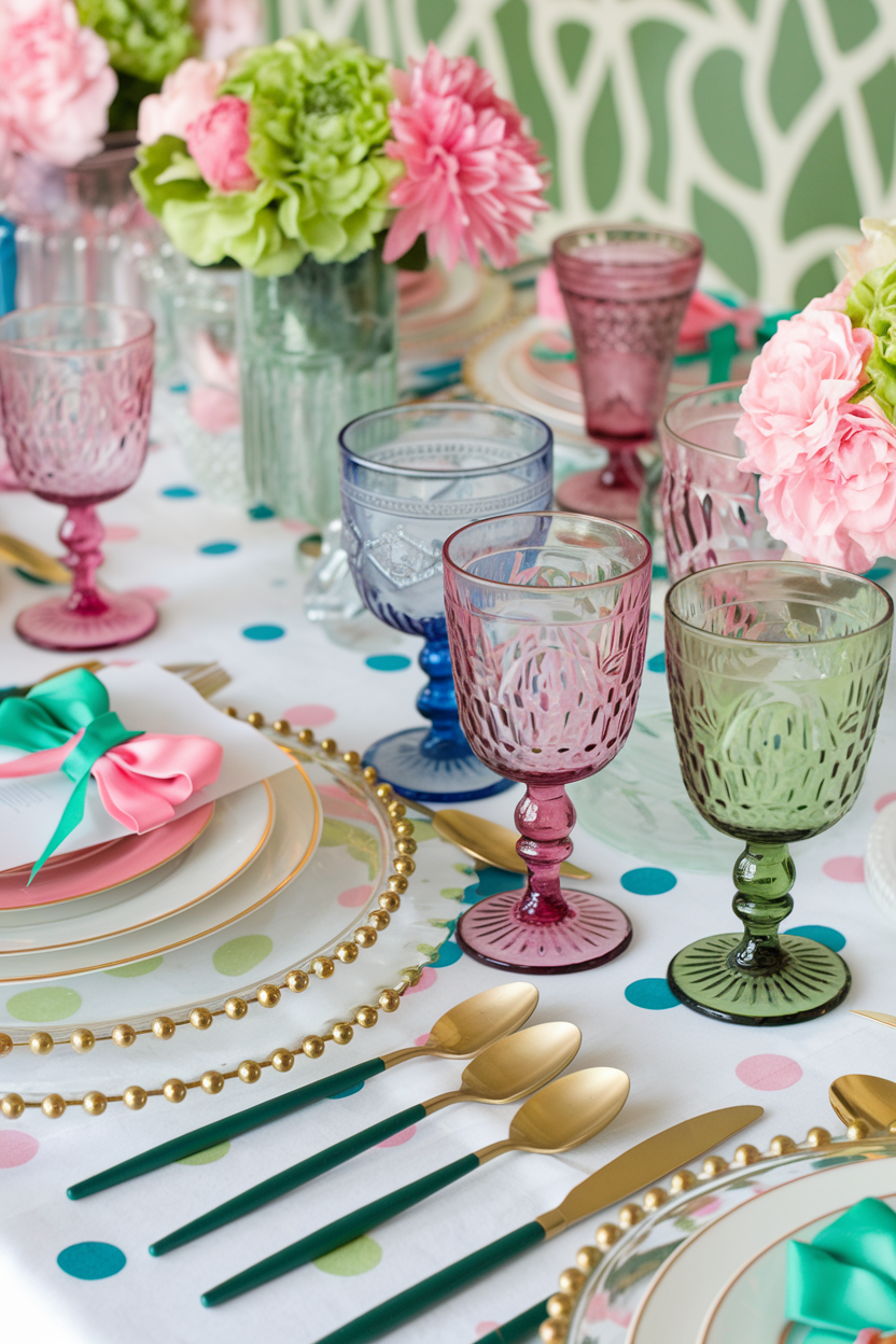 A lively table setting featuring an assortment of colorful glassware in shades of pink, green, and blue, paired with gold-accented flatware, pastel plates, and floral arrangements, creating a festive and elegant dining experience. 