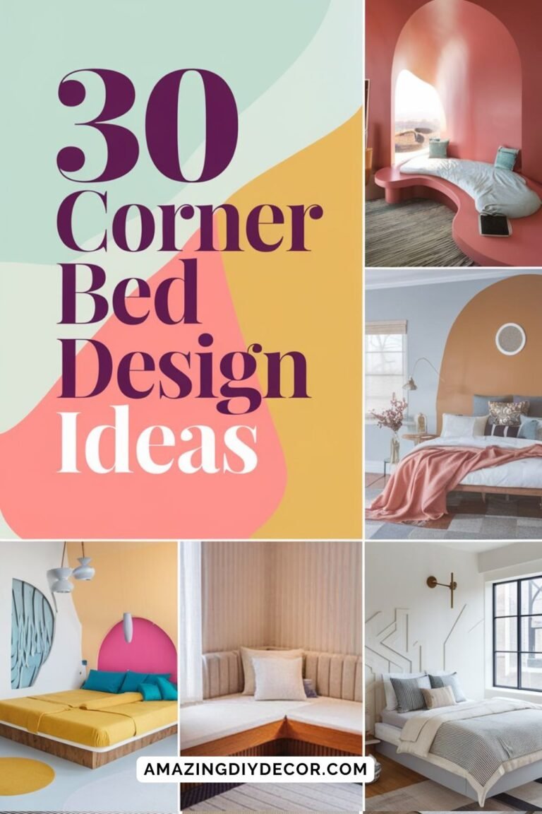A colorful collage featuring "30 Corner Bed Design Ideas" with modern and cozy bedroom setups, showcasing creative ways to style beds in room corners.