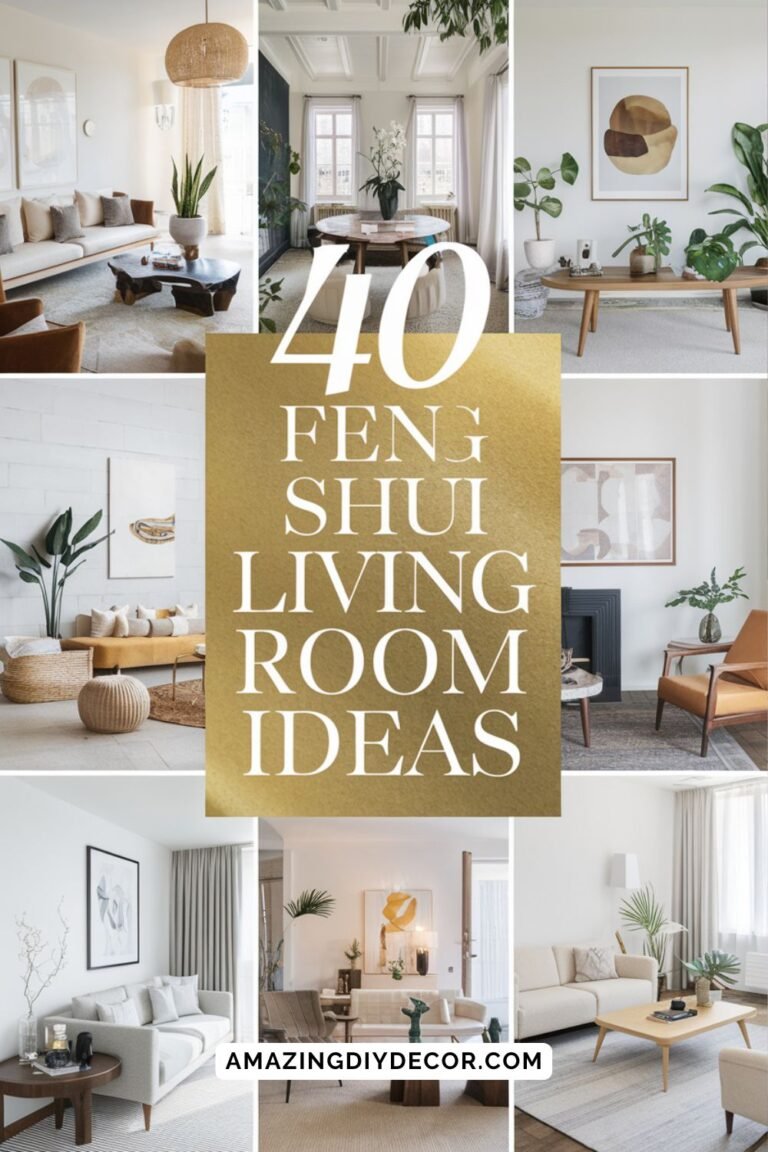 Collage of stylish Feng Shui-inspired living room designs with neutral tones, natural elements, and harmonious decor.