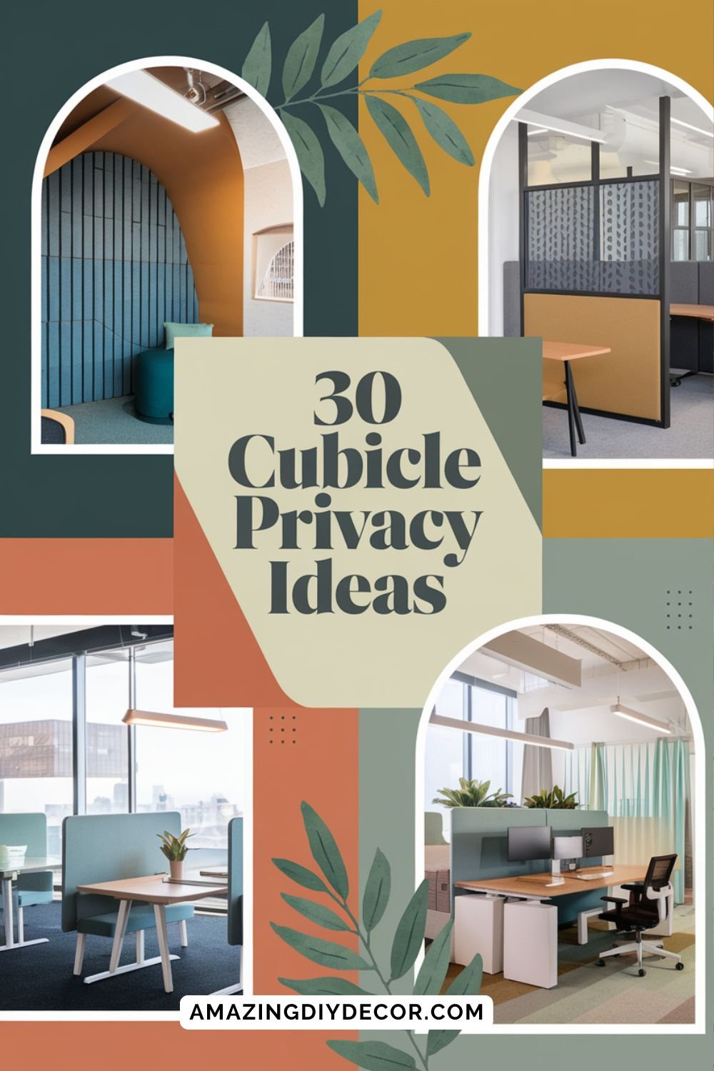A stylish and modern graphic featuring "30 Cubicle Privacy Ideas" with images of creative office cubicle setups, partitions, and cozy workspaces.