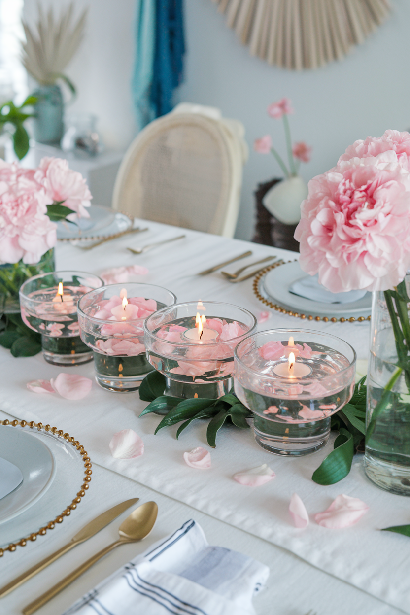 A sophisticated table setting featuring floating candles in glass bowls with pink rose petals, complemented by lush greenery and soft pink floral arrangements, creating a romantic and serene ambiance.