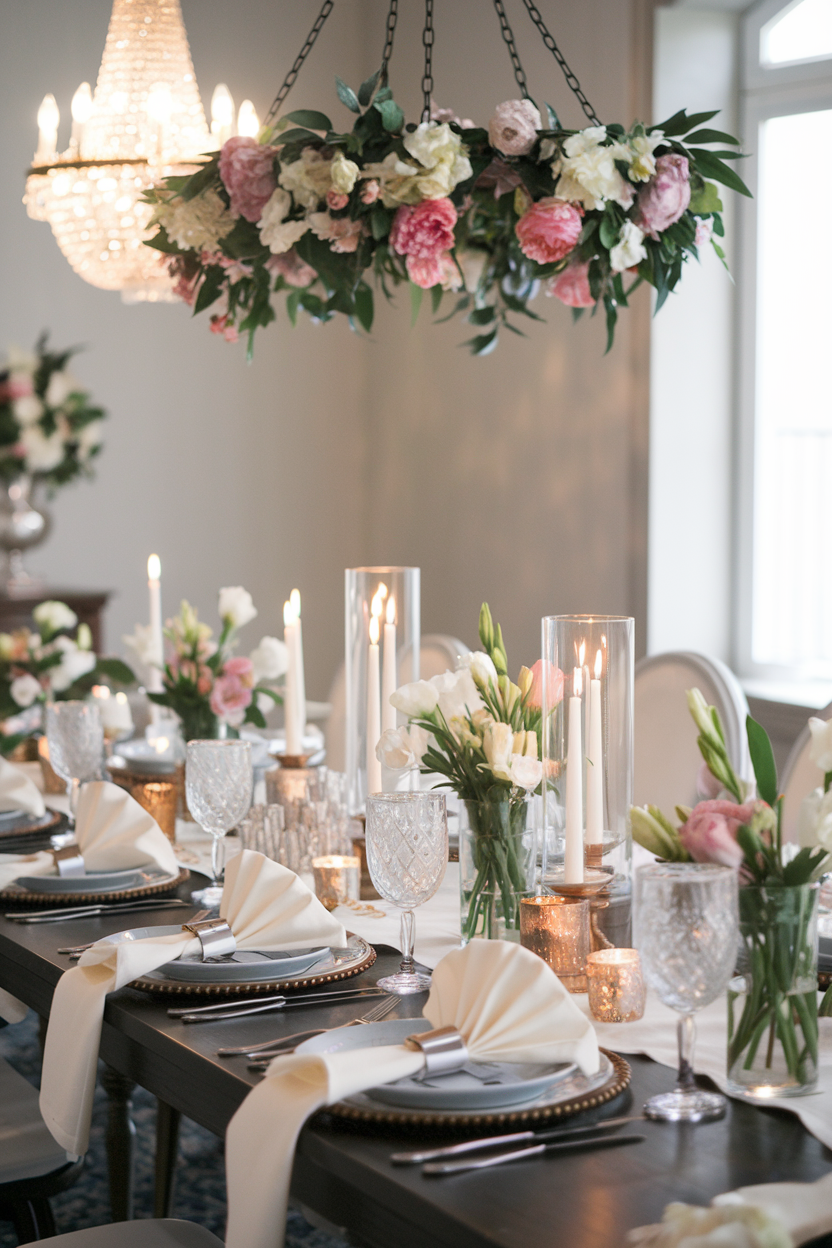 A beautifully decorated dining table featuring a stunning floral chandelier with pink and white flowers, tall candlelit centerpieces, crystal glassware, and neatly folded napkins for a sophisticated and romantic ambiance.