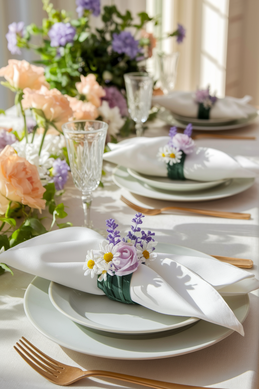 A beautifully set table featuring white napkins adorned with floral napkin rings, decorated with delicate lavender sprigs, daisies, and a soft purple rose, complementing pastel floral arrangements and fine tableware in natural sunlight.