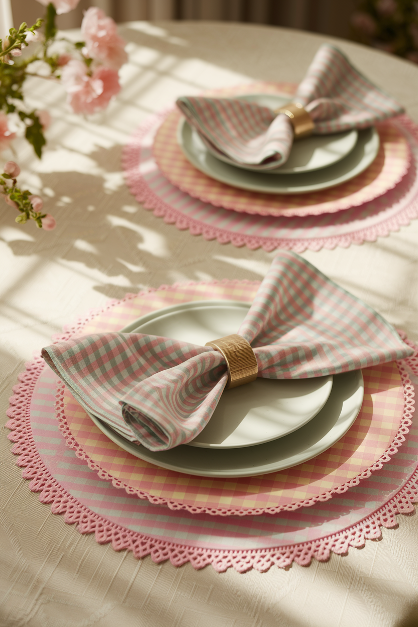 A beautifully arranged table featuring pastel gingham placemats with delicate lace edges, matching napkins tied with wooden rings, and soft sunlight casting elegant shadows on the table.