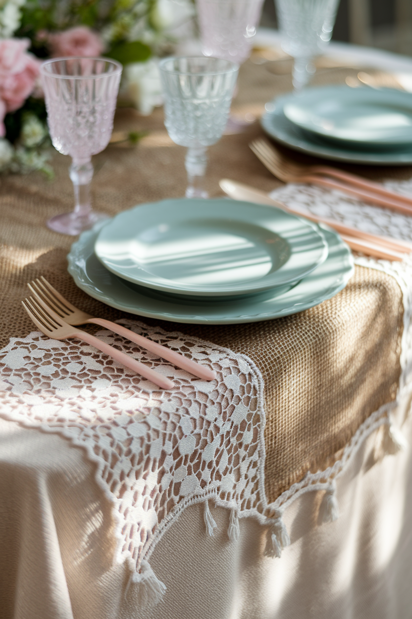 A charming table setting featuring a delicate lace tablecloth over a burlap runner, pastel blue plates, pink-handled cutlery, and vintage-style glassware, creating a romantic and rustic ambiance.